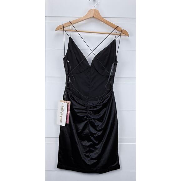 Emerald Sundae Black Ruched Satin Size M -Mini Dress Criss-Cross Back NWT - Picture 2 of 11